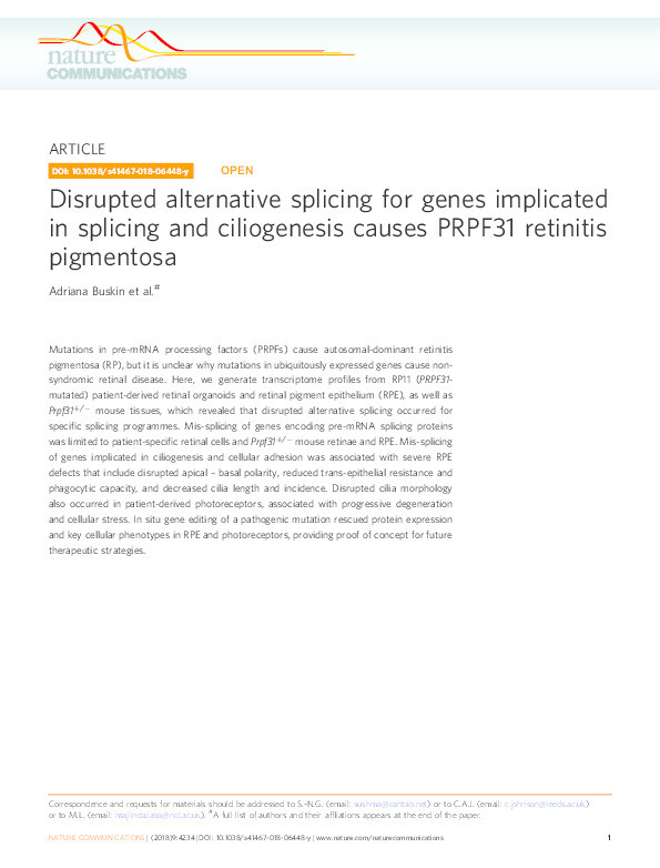 Disrupted alternative splicing for genes implicated in splicing and ciliogenesis causes PRPF31 retinitis pigmentosa Thumbnail