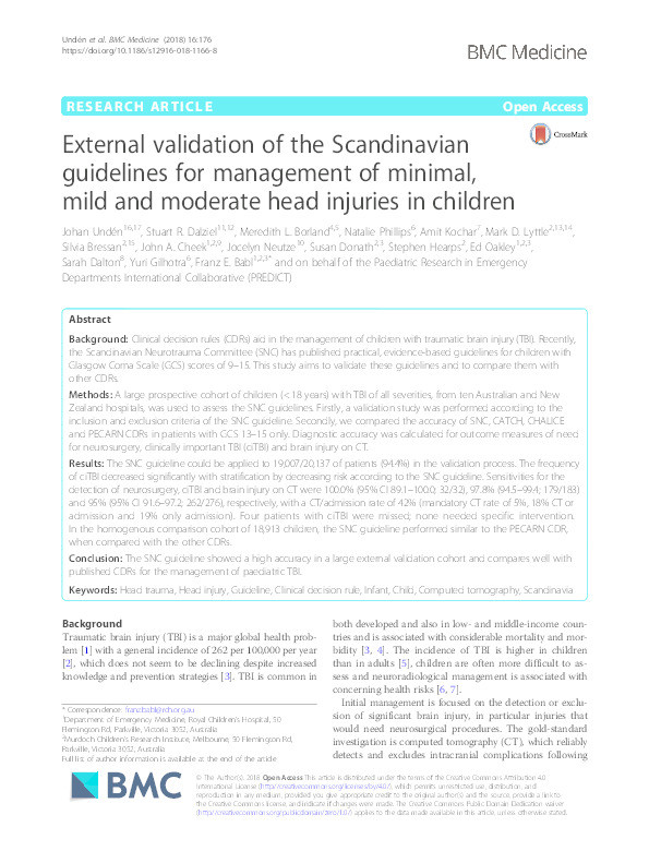 External validation of the Scandinavian guidelines for management of minimal, mild and moderate head injuries in children Thumbnail
