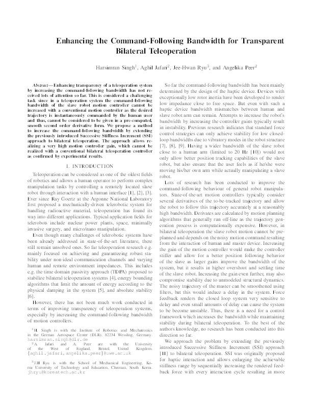 Enhancing the Command-Following Bandwidth for Transparent Bilateral Teleoperation Thumbnail