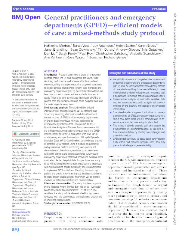 General practitioners and emergency departments (GPED) - Efficient models of care: A mixed-methods study protocol Thumbnail