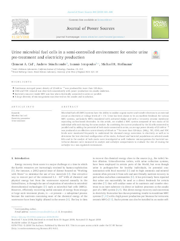 Urine microbial fuel cells in a semi-controlled environment for onsite urine pre-treatment and electricity production Thumbnail