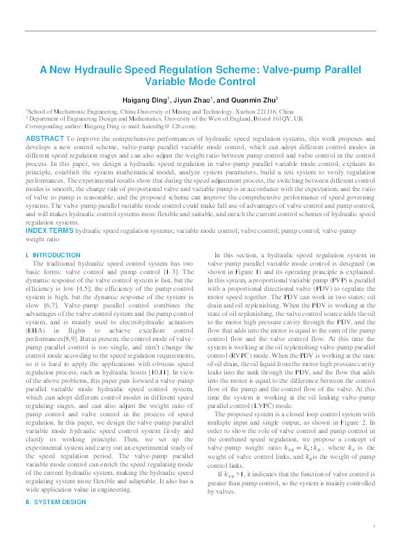 A New Hydraulic Speed Regulation Scheme: Valve-Pump Parallel Variable Mode Control Thumbnail