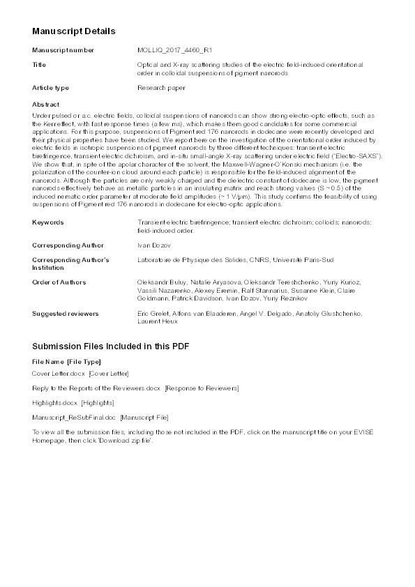 Optical and X-ray scattering studies of the electric field-induced orientational order in colloidal suspensions of pigment nanorods Thumbnail