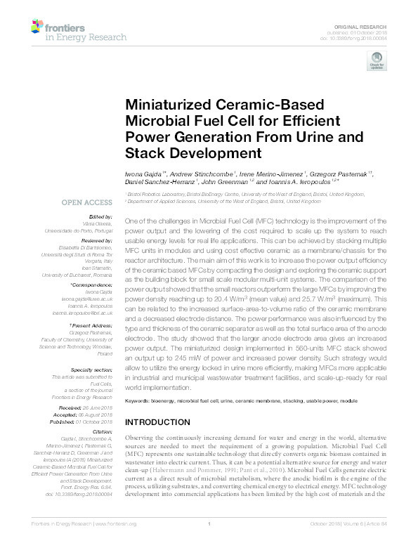 Miniaturized ceramic-based microbial fuel cell for efficient power generation from urine and stack development Thumbnail