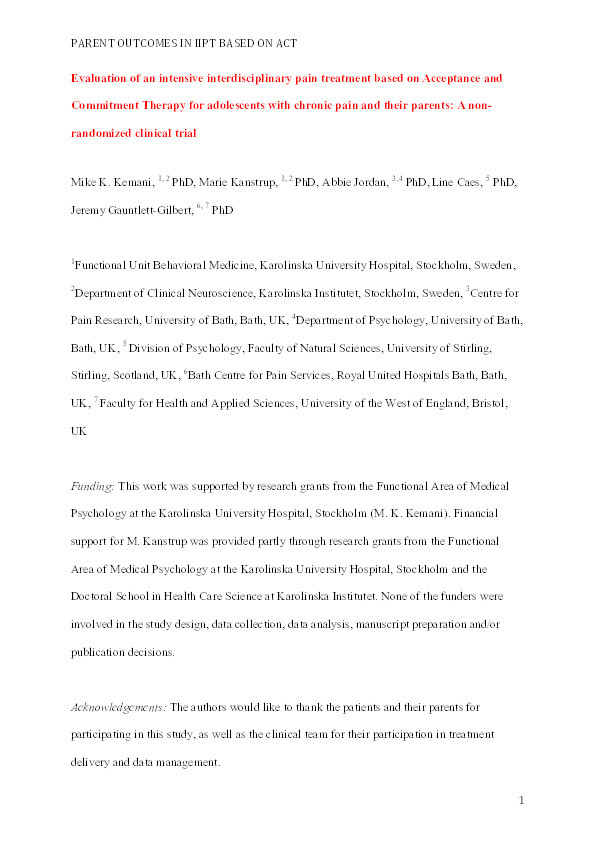 Evaluation of an intensive interdisciplinary pain treatment based on acceptance and commitment therapy for adolescents with chronic pain and their parents: A nonrandomized clinical trial Thumbnail