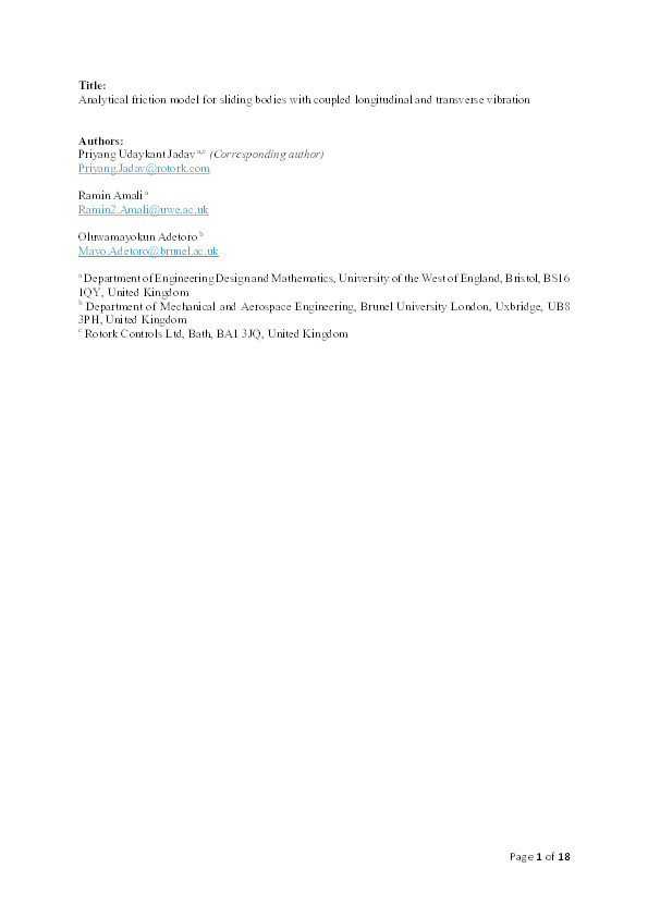 Analytical friction model for sliding bodies with coupled longitudinal and transverse vibration Thumbnail