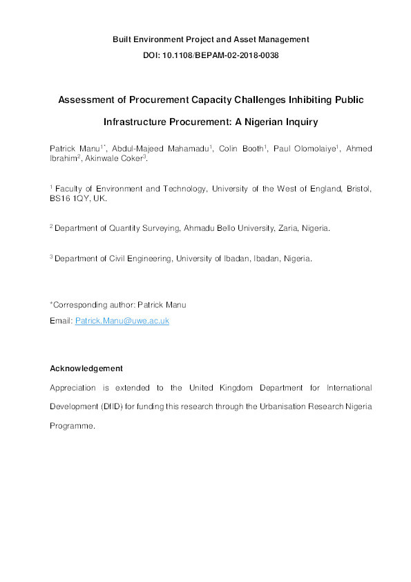 Assessment of procurement capacity challenges inhibiting public infrastructure procurement: A Nigerian inquiry Thumbnail