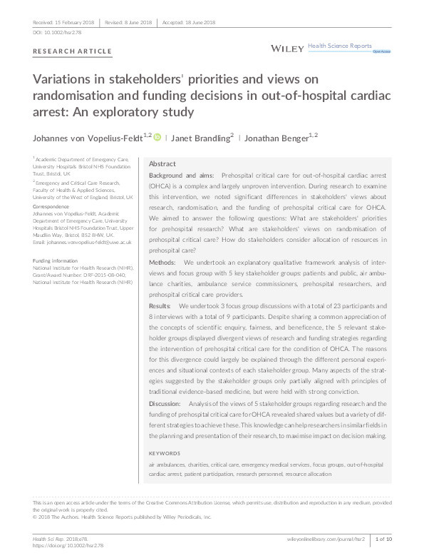 Variations in stakeholders' priorities and views on randomisation and funding decisions in out-of-hospital cardiac arrest: An exploratory study Thumbnail