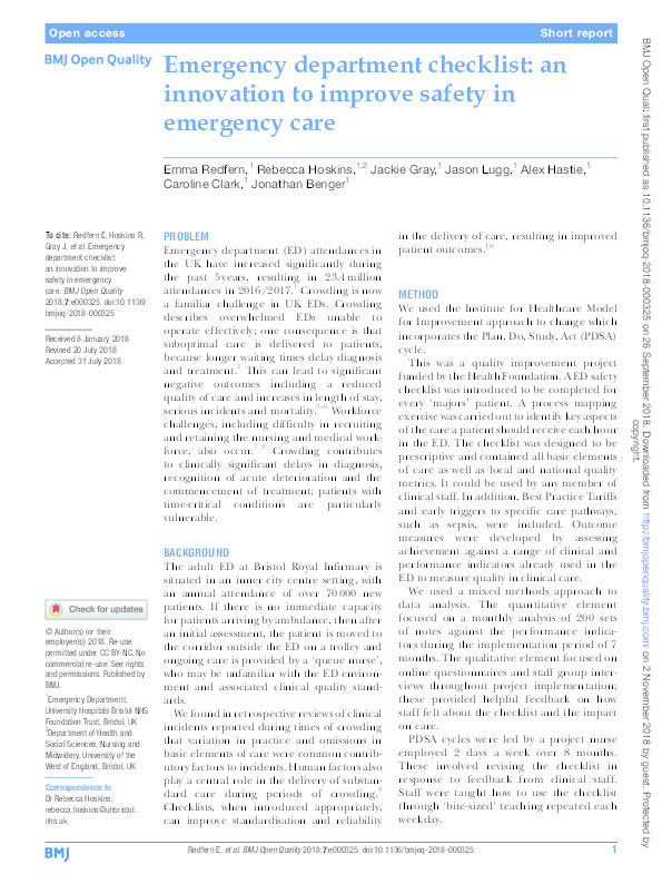 Emergency department checklist: An innovation to improve safety in emergency care Thumbnail