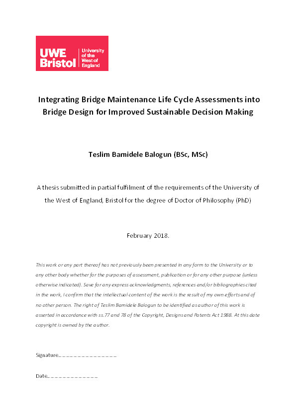 Integrating bridge maintenance life cycle assessments into bridge design for improved sustainable decision making Thumbnail