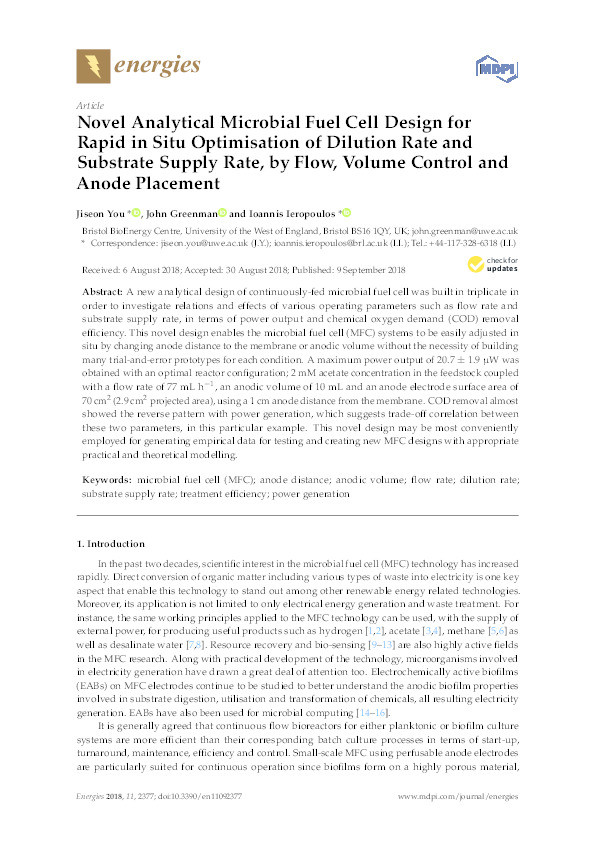 Novel Analytical Microbial Fuel Cell Design for Rapid in Situ Optimisation of Dilution Rate and Substrate Supply Rate, by Flow, Volume Control and Anode Placement Thumbnail