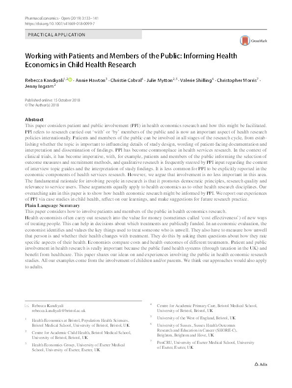 Working with patients and members of the public: Informing health economics in child health research Thumbnail
