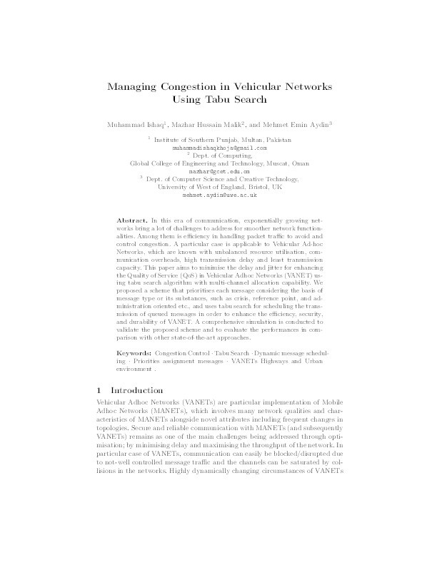 Managing Congestion in Vehicular Networks Using Tabu Search Thumbnail