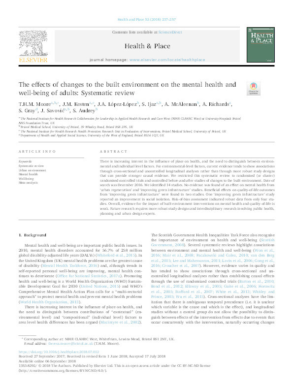 The effects of changes to the built environment on the mental health and well-being of adults: Systematic review Thumbnail