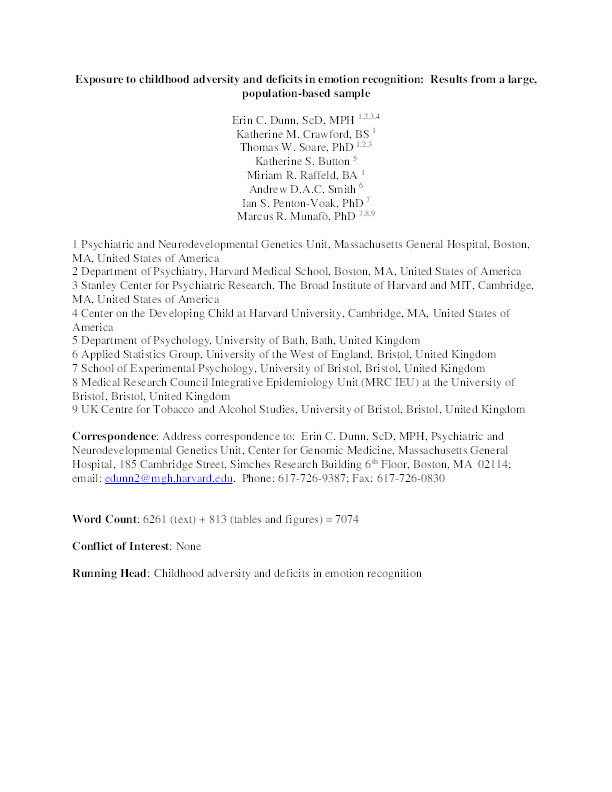 Exposure to childhood adversity and deficits in emotion recognition: results from a large, population-based sample Thumbnail