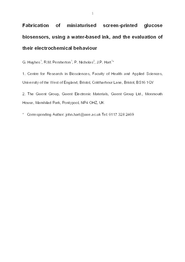 Fabrication of miniaturised screen-printed glucose biosensors, using a water-based ink, and the evaluation of their electrochemical behaviour Thumbnail