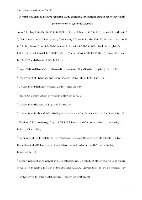 Multinational Qualitative Research Study Exploring the Patient Experience of Raynaud's Phenomenon in Systemic Sclerosis Thumbnail