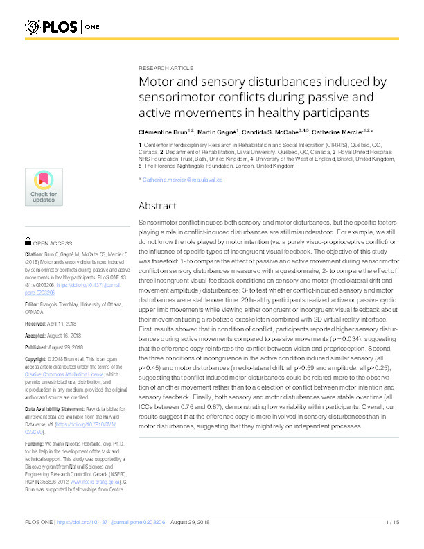 Motor and sensory disturbances induced by sensorimotor conflicts during passive and active movements in healthy participants Thumbnail