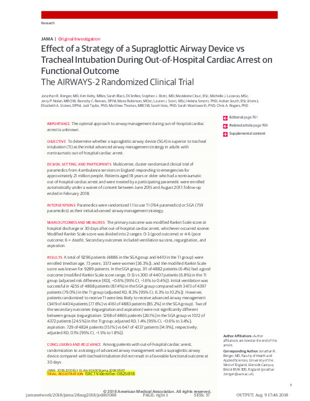 Effect of a strategy of a supraglottic airway device vs tracheal intubation during out-of-hospital cardiac arrest on functional outcome the AIRWAYS-2 randomized clinical trial Thumbnail