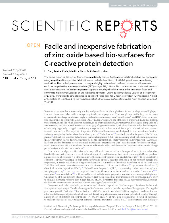 Facile and inexpensive fabrication of zinc oxide based bio-surfaces for C-reactive protein detection Thumbnail