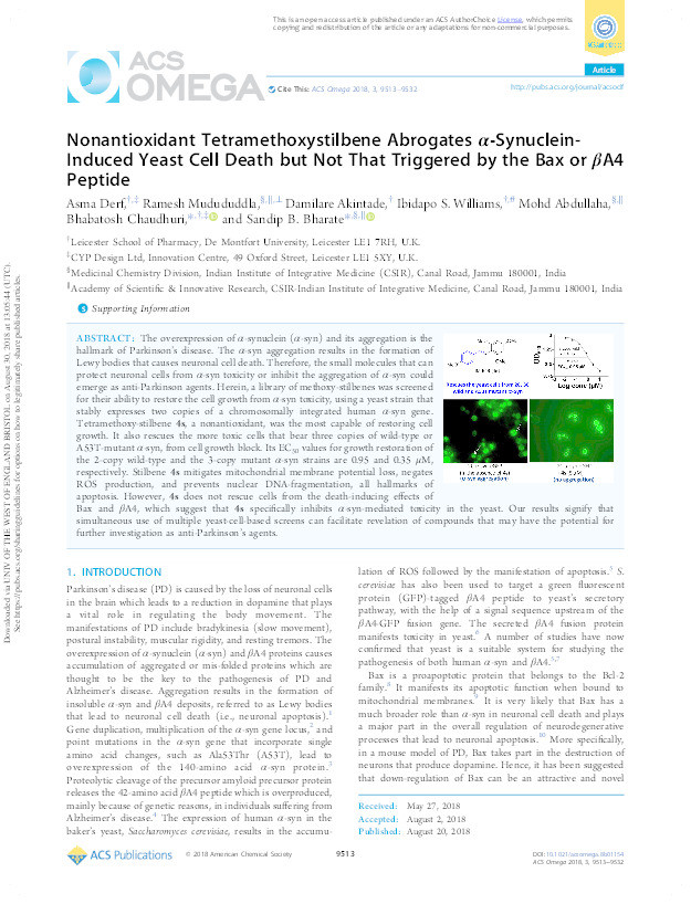 Nonantioxidant Tetramethoxystilbene Abrogates α-Synuclein-Induced Yeast Cell Death but Not That Triggered by the Bax or βa4 Peptide Thumbnail