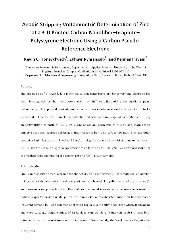 Anodic stripping voltammetric determination of zinc at a 3-D printed carbon nanofiber–graphite–polystyrene electrode using a carbon pseudo-reference electrode Thumbnail