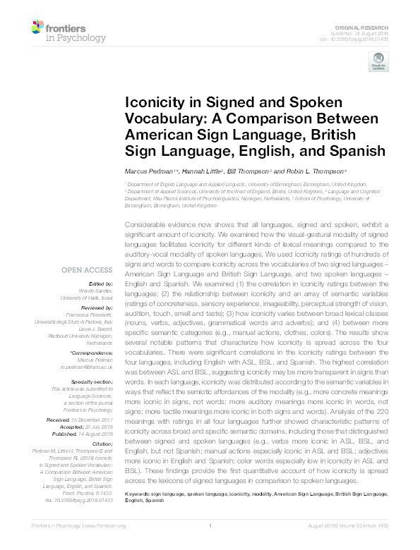 Iconicity in signed and spoken vocabulary: A comparison between American Sign Language, British Sign Language, English, and Spanish Thumbnail