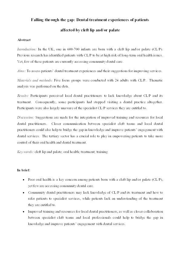 Falling through the gap: Dental treatment experiences of patients affected by cleft lip and/or palate Thumbnail