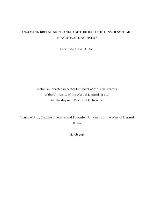 Analysing British sign language through the lens of systemic functional linguistics Thumbnail