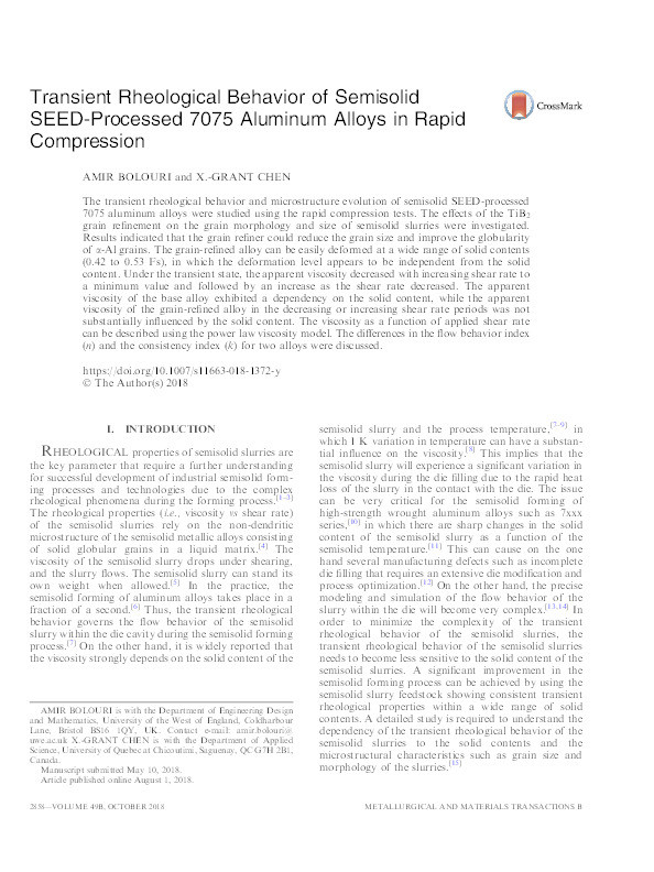 Transient Rheological Behavior of Semisolid SEED-Processed 7075 Aluminum Alloys in Rapid Compression Thumbnail