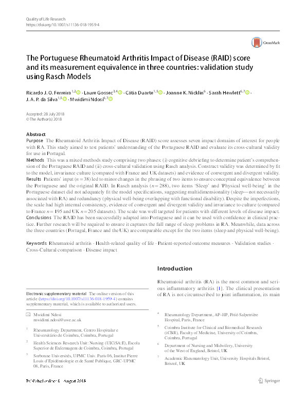 The Portuguese Rheumatoid Arthritis Impact of Disease (RAID) score and its measurement equivalence in three countries: validation study using Rasch Models Thumbnail