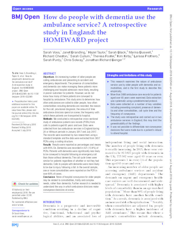 How do people with dementia use the ambulance service? A retrospective study in England: The HOMEWARD project Thumbnail