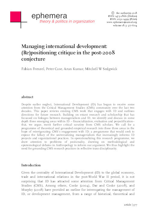 Managing international development: (Re)positioning critique in the post-2008 conjuncture Thumbnail