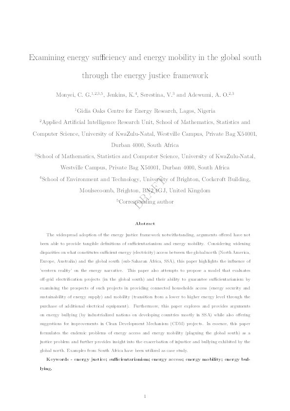 Examining energy sufficiency and energy mobility in the global south through the energy justice framework Thumbnail
