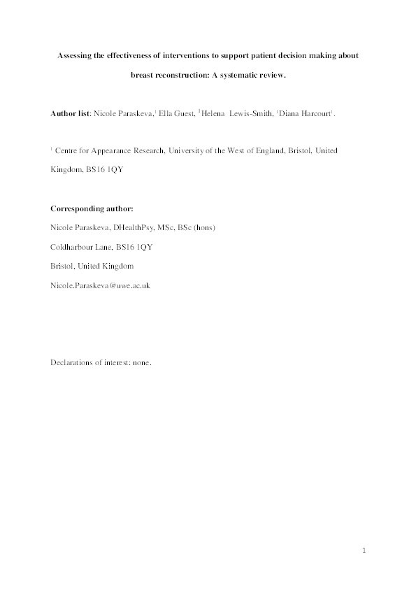 Assessing the effectiveness of interventions to support patient decision making about breast reconstruction: A systematic review Thumbnail