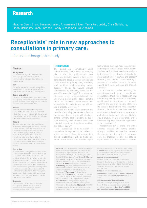 Receptionists' role in new approaches to consultations in primary care: A focused ethnographic study Thumbnail