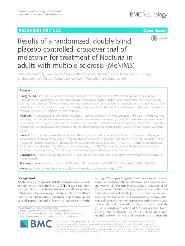 Results of a randomized, double blind, placebo controlled, crossover trial of melatonin for treatment of Nocturia in adults with multiple sclerosis (MeNiMS) Thumbnail