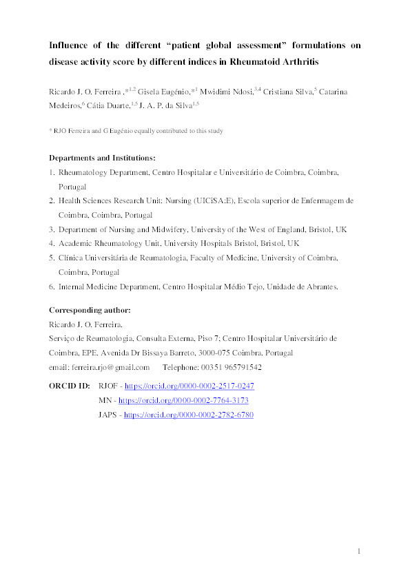 Influence of the different “patient global assessment” formulations on disease activity score by different indices in rheumatoid arthritis Thumbnail