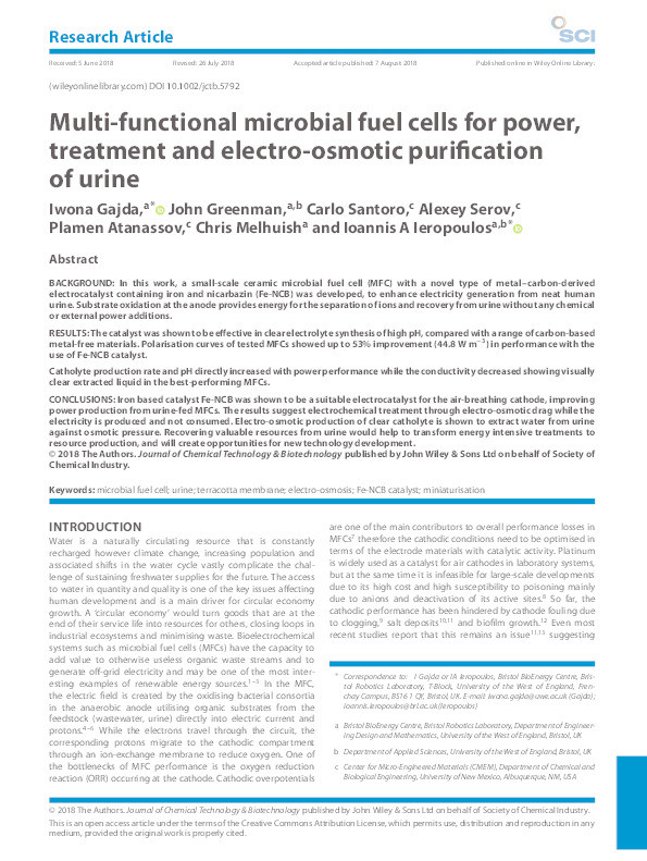 Multi-functional microbial fuel cells for power, treatment and electro-osmotic purification of urine Thumbnail