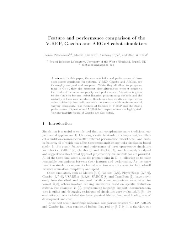 Feature and performance comparison of the V-REP, Gazebo and ARGoS robot simulators Thumbnail