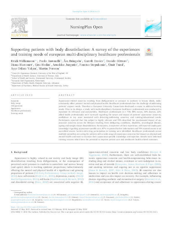 Supporting patients with body dissatisfaction: A survey of the experiences and training needs of european multi-disciplinary healthcare professionals Thumbnail