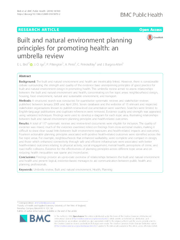 Built and natural environment planning principles for promoting health: An umbrella review Thumbnail