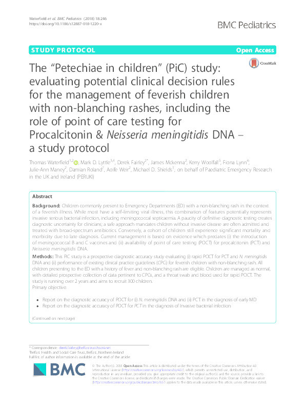The "Petechiae in children" (PiC) study: Evaluating potential clinical decision rules for the management of feverish children with non-blanching rashes, including the role of point of care testing for Procalcitonin &amp; Neisseria meningitidis DNA - a study protocol Thumbnail