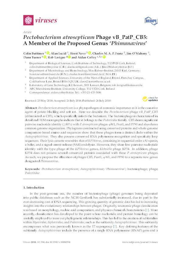 Pectobacterium atrosepticum phage vB_PatP_CB5: A member of the proposed genus ‘Phimunavirus’ Thumbnail