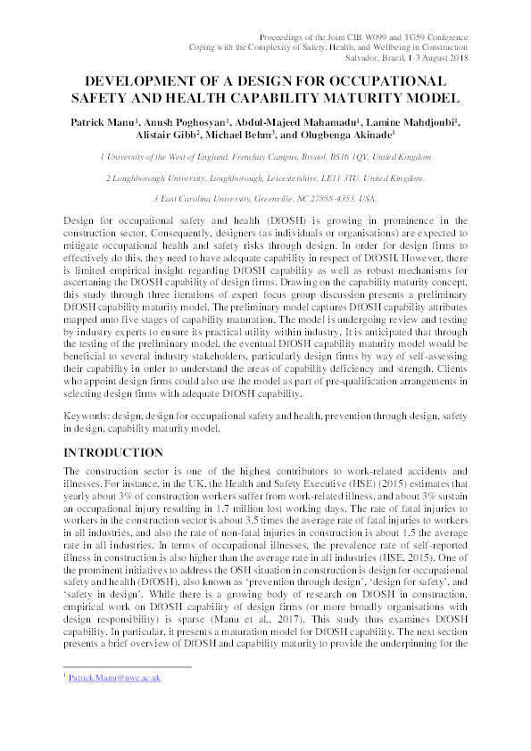 Development of a design for occupational safety and health capability maturity model Thumbnail