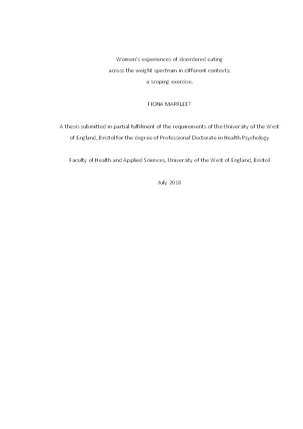 Women's experiences of disordered eating across the weight spectrum in different contexts: A scoping exercise Thumbnail