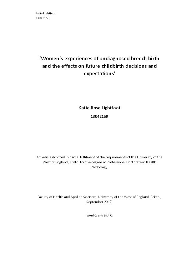 Women’s experiences of undiagnosed breech birth and the effects on future childbirth decisions and expectations Thumbnail