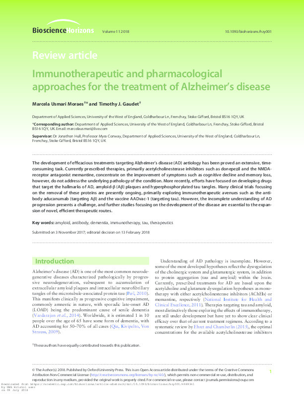 Immunotherapeutic and pharmacological approaches for the treatment of Alzheimer’s disease Thumbnail