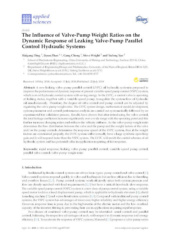The influence of valve-pump weight ratios on the dynamic response of leaking valve-pump parallel control hydraulic systems Thumbnail