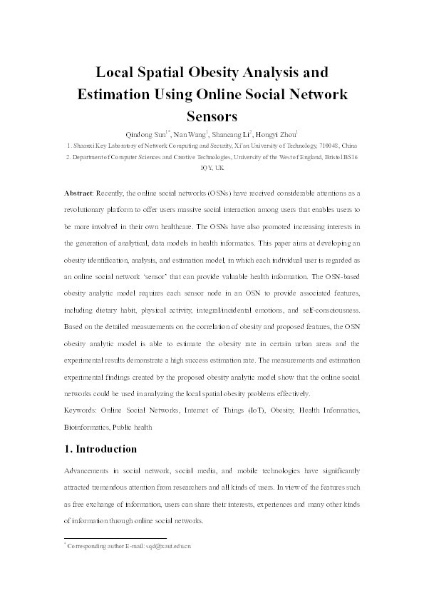 Local spatial obesity analysis and estimation using online social network sensors Thumbnail